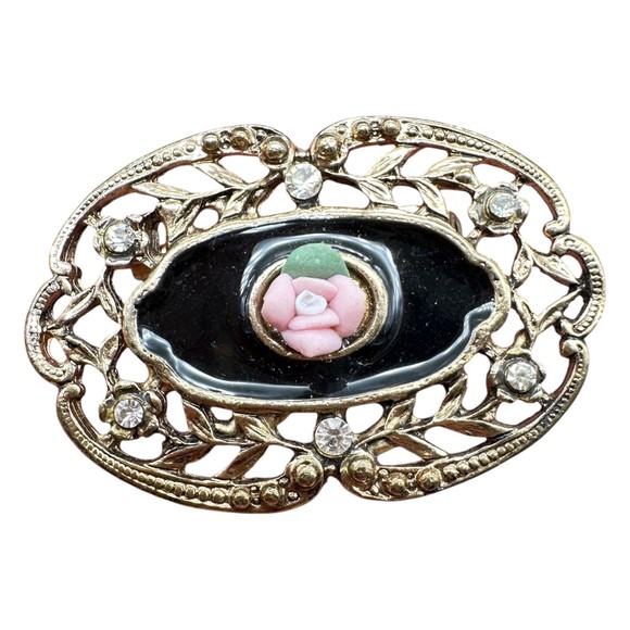 Vintage Brooch Pin Filigree Black Enamel Pink Rose Flower Rhinestones Gold Tone - Picture 2 of 4